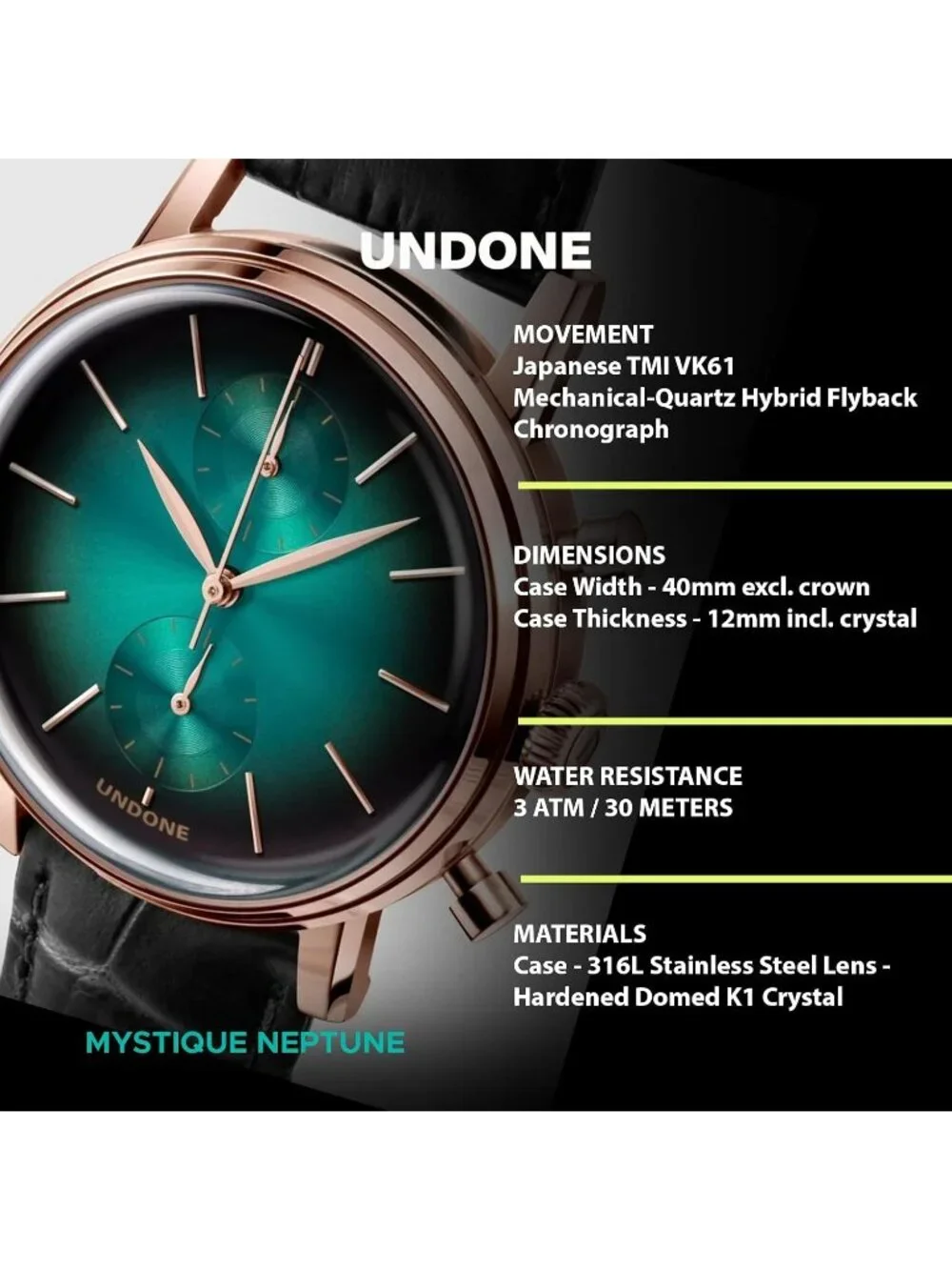 Undone Urban Collection Chronograph Mens Green Fume Dial Black Leather Strap Ana